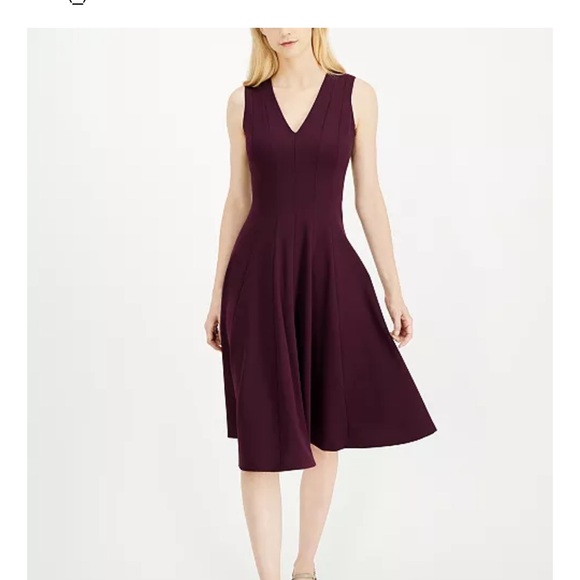 Calvin Klein Seamed V-Neck Fit-and-Flare Purple Sleeveless Dress - Picture 1 of 8